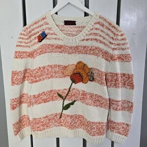 Cinzia Pistoia Hand Knit Flower Cotton Crew Sweater Small Orange Striped Cottage
